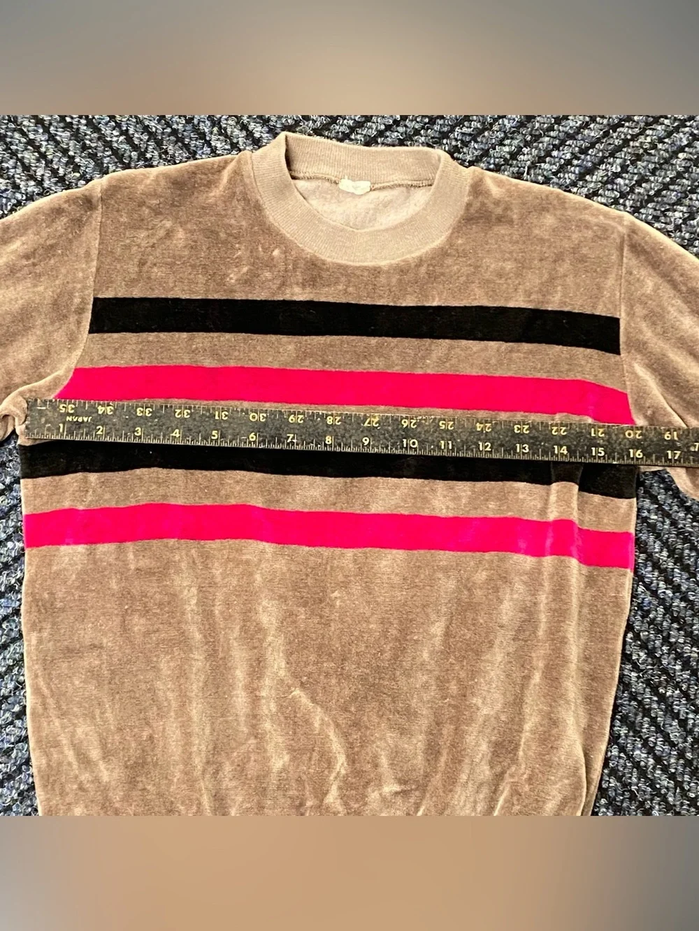 Retro Velour Sweatshirt Brown Kids Youth L-XL 70s/80s Pink/Black Stripes Crew